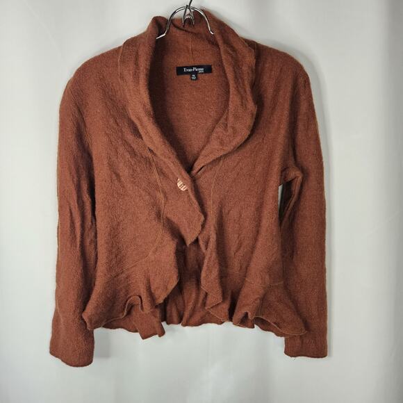 EVAN PICONE Ruffled Wool Cardigan Sweater Medium Petite Brick Rust Brown VNeck - Picture 1 of 6